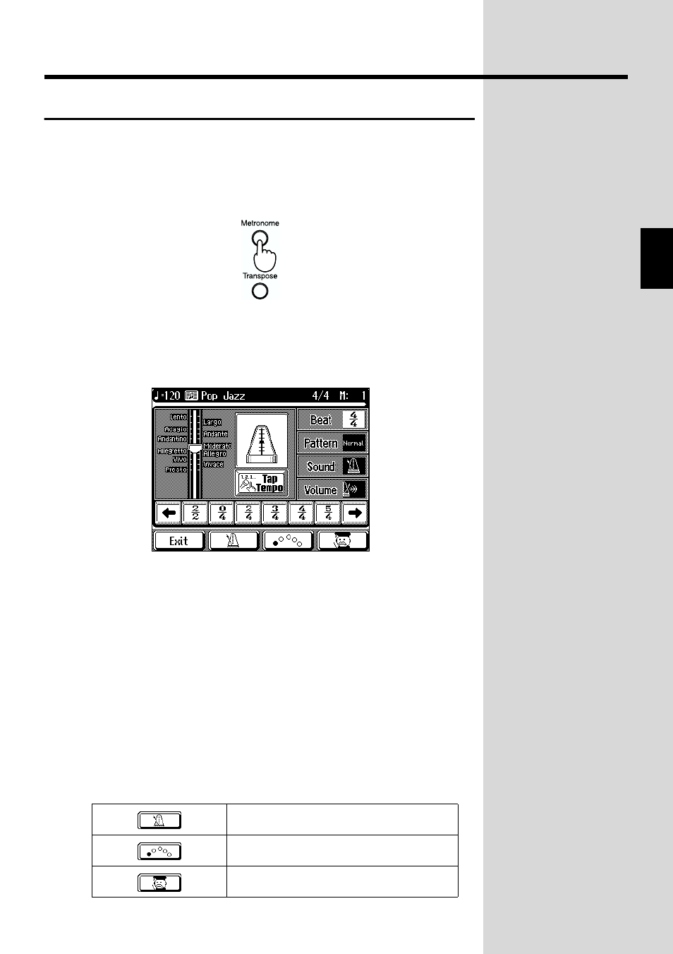 Sounding the metronome, Changing the animation, Metronome function (p. 63), and more | Metronome settings (p. 63) | Roland KF-90 User Manual | Page 63 / 196