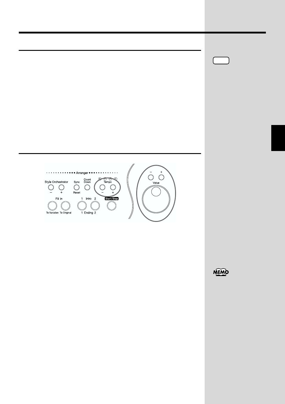 Playing just the rhythm pattern, Adjusting the tempo for automatic accompaniment, Adjust the tempo (p. 64, p. 73, p. 85) | Roland KF-90 User Manual | Page 73 / 196