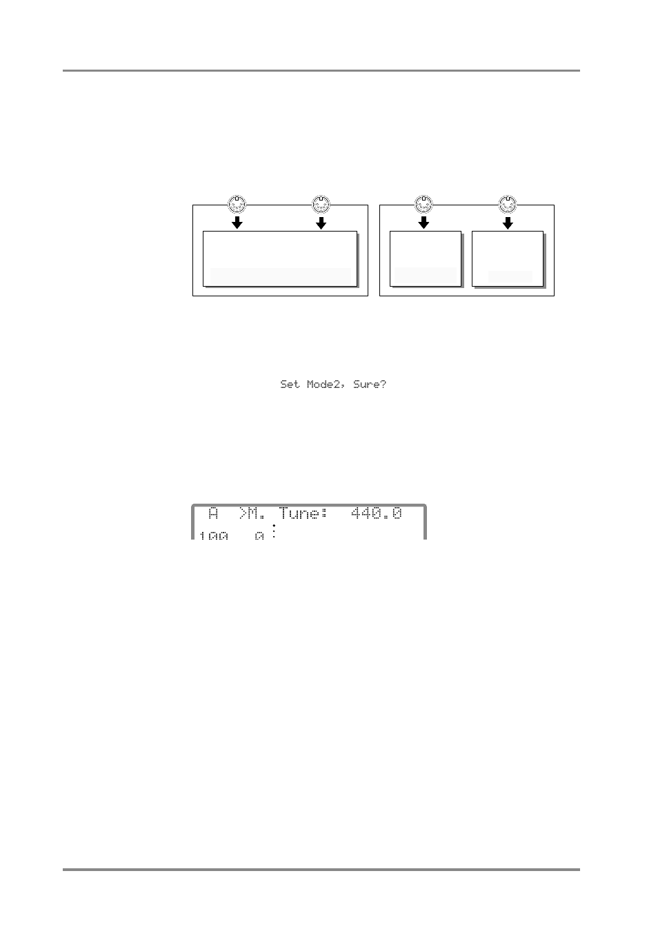 Using the unit as two sound modules, A 100 0, M. tune: 440.0 | Selecting double module mode | Roland SC-88 Pro User Manual | Page 118 / 216