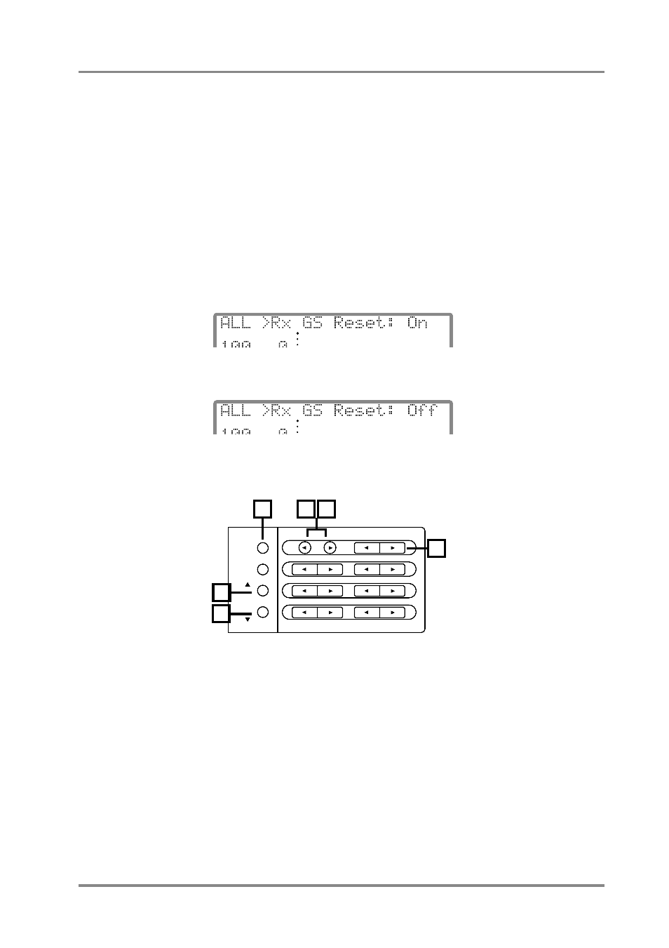 All 100 0, Rx gs reset: on, Rx gs reset: off | 2] switches which apply to all parts (b), Procedure | Roland SC-88 Pro User Manual | Page 141 / 216