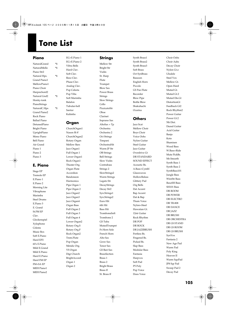 Tone list, Piano, E. piano | Organ, Strings, Others | Roland HPi-6 User Manual | Page 105 / 124