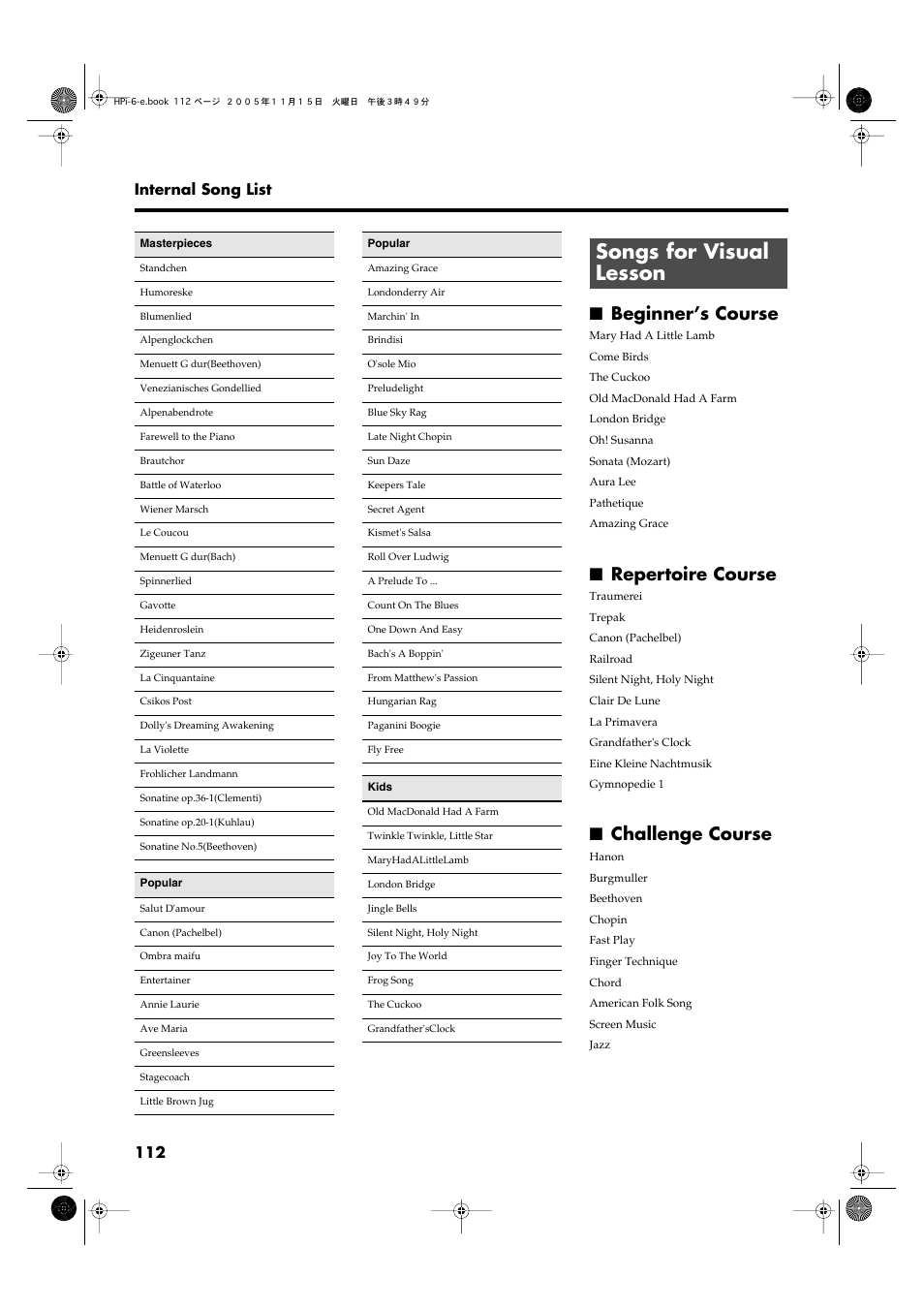 Songs for visual lesson, Beginner’s course, Repertoire course | Challenge course, 112 internal song list | Roland HPi-6 User Manual | Page 112 / 124