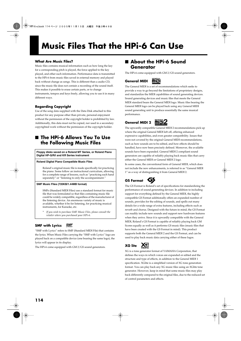 Music files that the hpi-6 can use, About the hpi-6 sound generator, To “music files that the hpi-6 can use” (p. 114) | Roland HPi-6 User Manual | Page 114 / 124