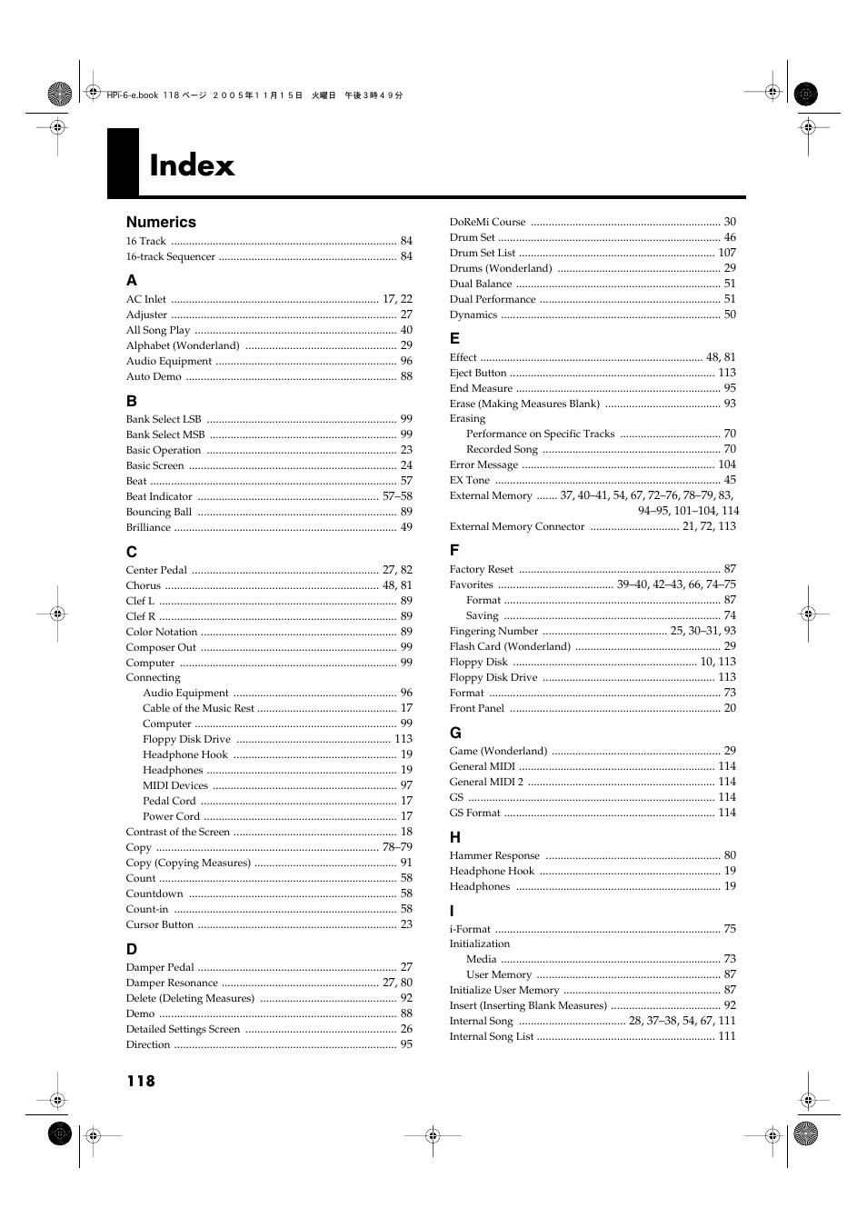 Index, Numerics | Roland HPi-6 User Manual | Page 118 / 124