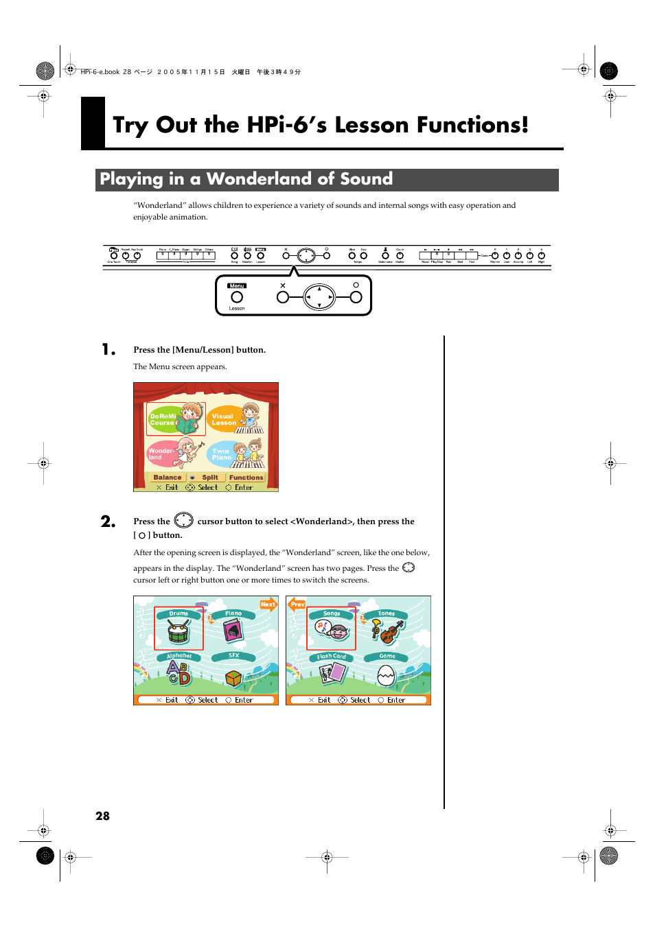 Try out the hpi-6’s lesson functions, Playing in a wonderland of sound, P. 28) | Roland HPi-6 User Manual | Page 28 / 124