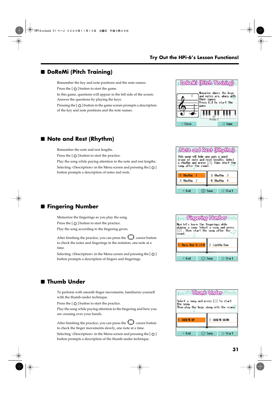 Doremi (pitch training), Note and rest (rhythm), Fingering number | Thumb under | Roland HPi-6 User Manual | Page 31 / 124