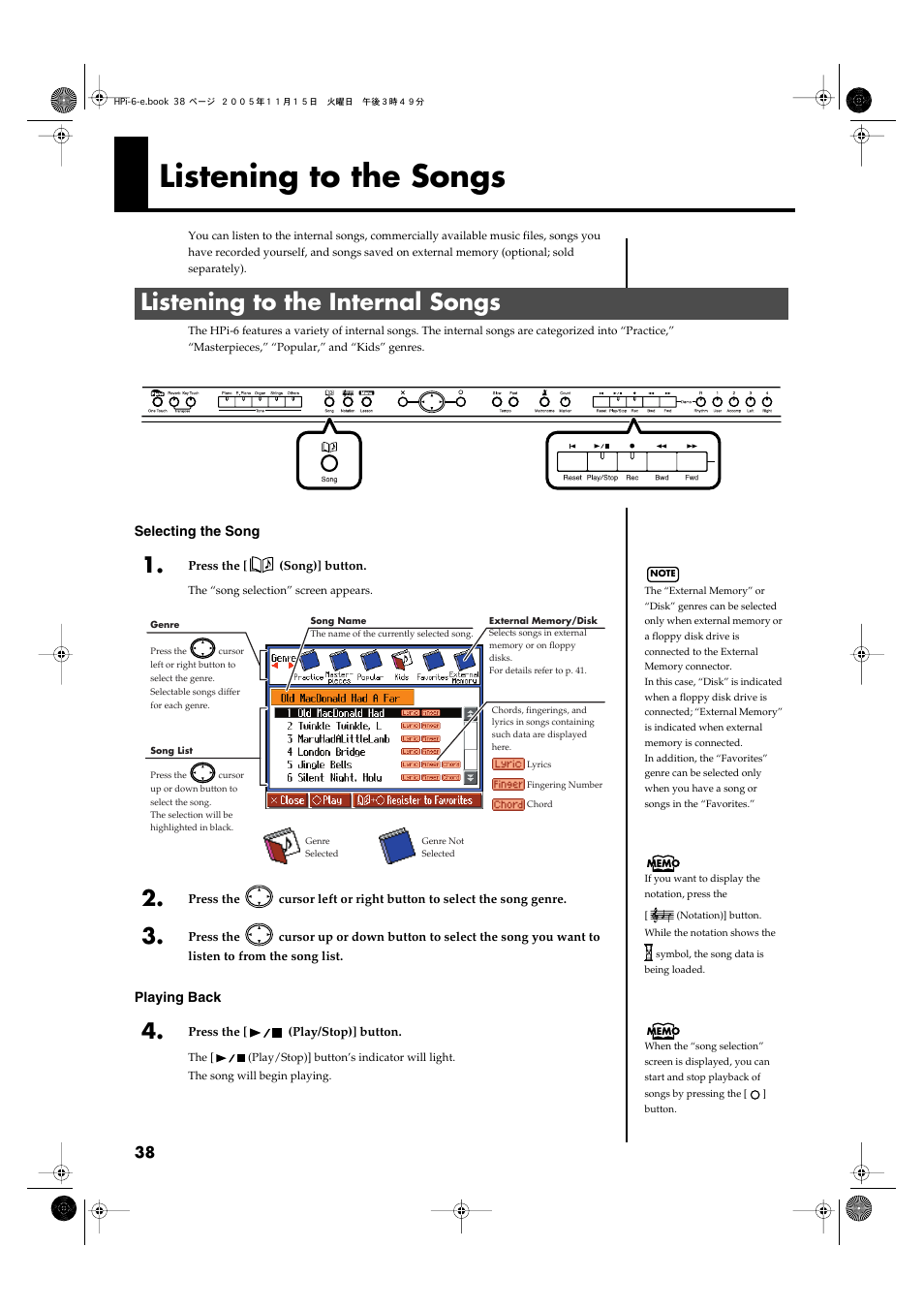 Listening to the songs, Listening to the internal songs, External memory (p. 38–p. 43, p. 54, p. 64–p. 71) | Roland HPi-6 User Manual | Page 38 / 124