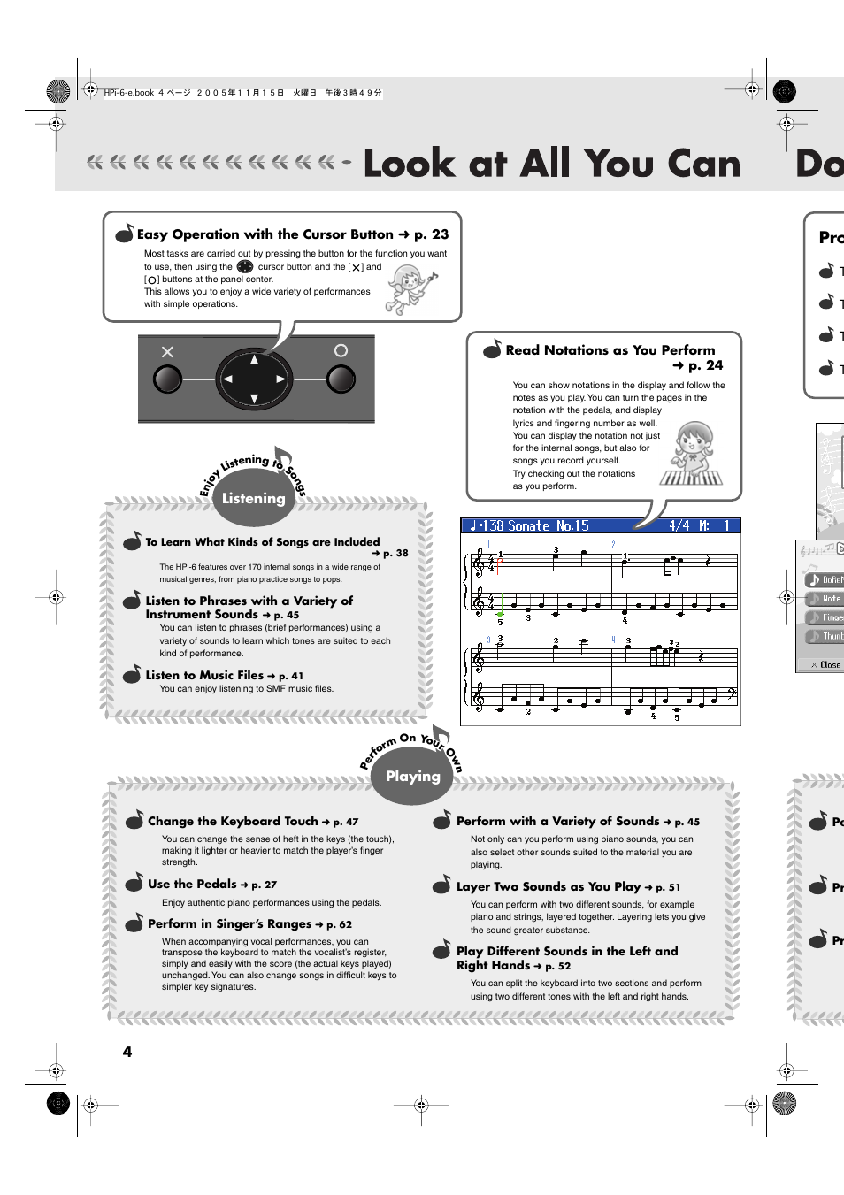 Look at all you can do with the hpi-6, Listening playing | Roland HPi-6 User Manual | Page 4 / 124