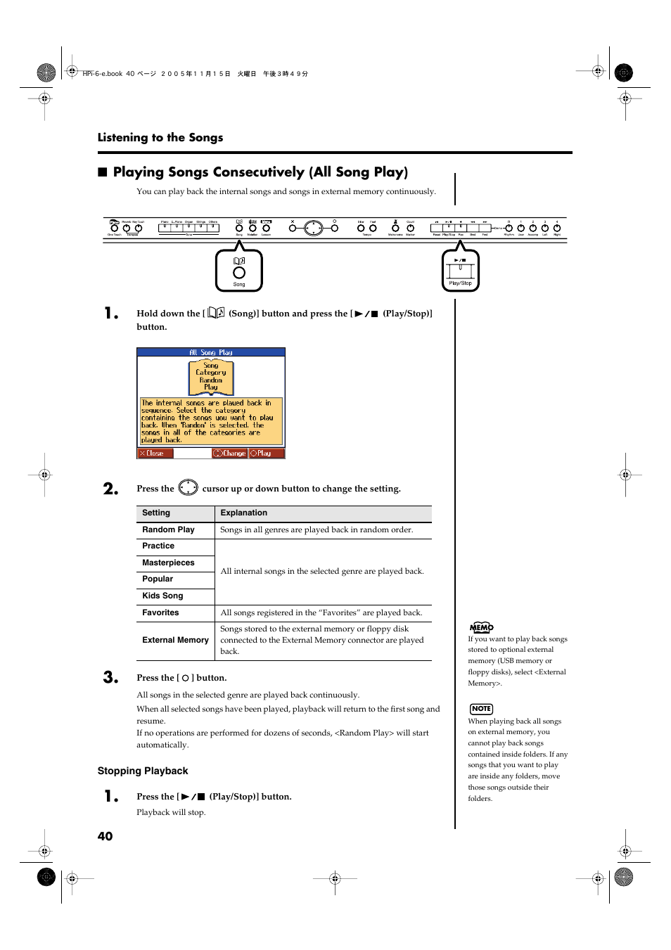 Playing songs consecutively (all song play) | Roland HPi-6 User Manual | Page 40 / 124