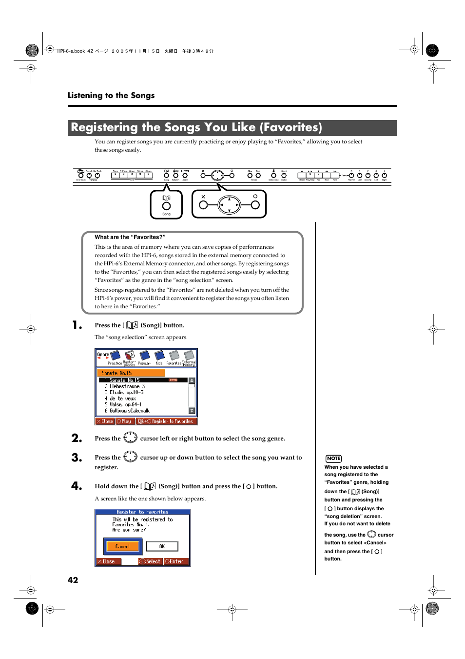 Registering the songs you like (favorites) | Roland HPi-6 User Manual | Page 42 / 124