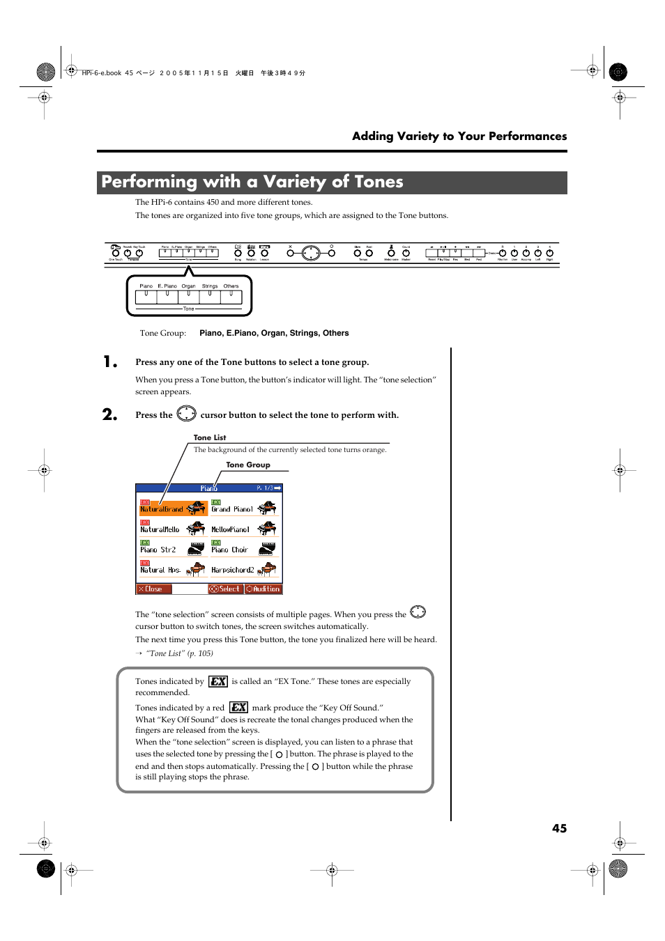 Performing with a variety of tones, Played from the keyboard (p. 45), P. 45 | Roland HPi-6 User Manual | Page 45 / 124