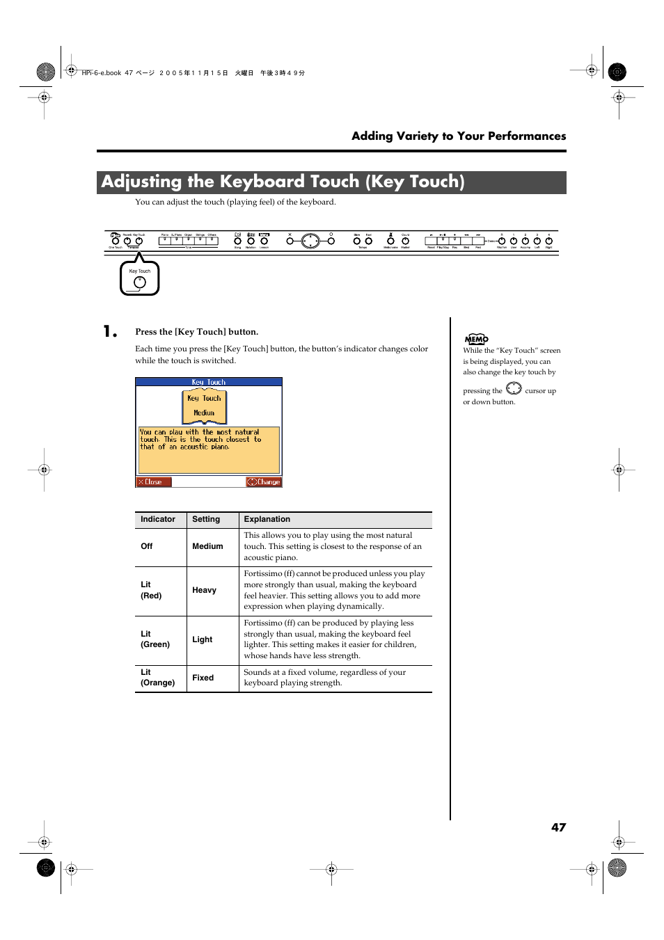 Adjusting the keyboard touch (key touch), Adjusts the touch of the keyboard (p. 47) | Roland HPi-6 User Manual | Page 47 / 124