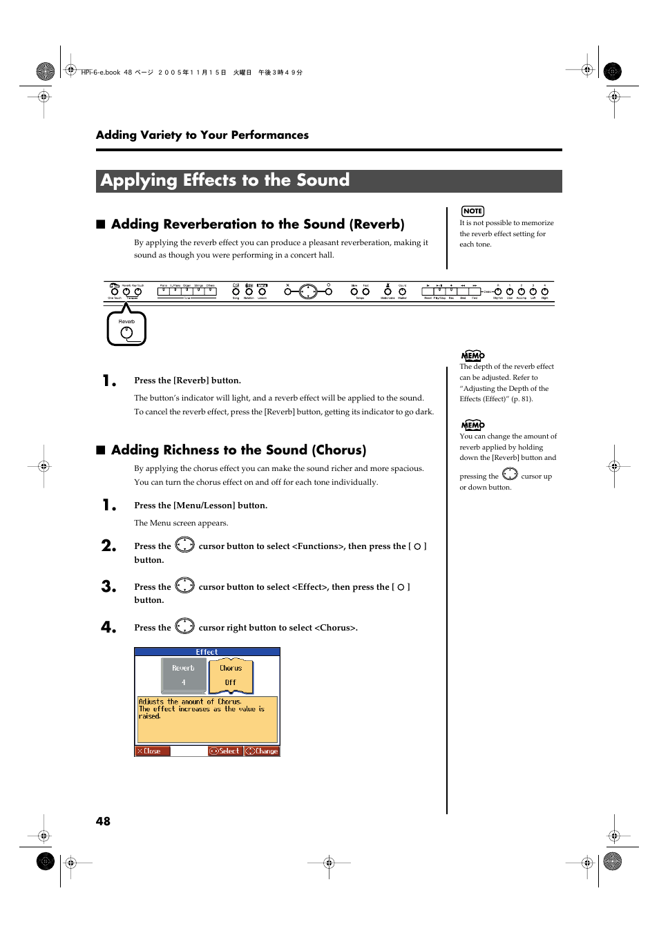 Applying effects to the sound, Adding reverberation to the sound (reverb), Adding richness to the sound (chorus) | Adds reverberation to the sound (p. 48) | Roland HPi-6 User Manual | Page 48 / 124