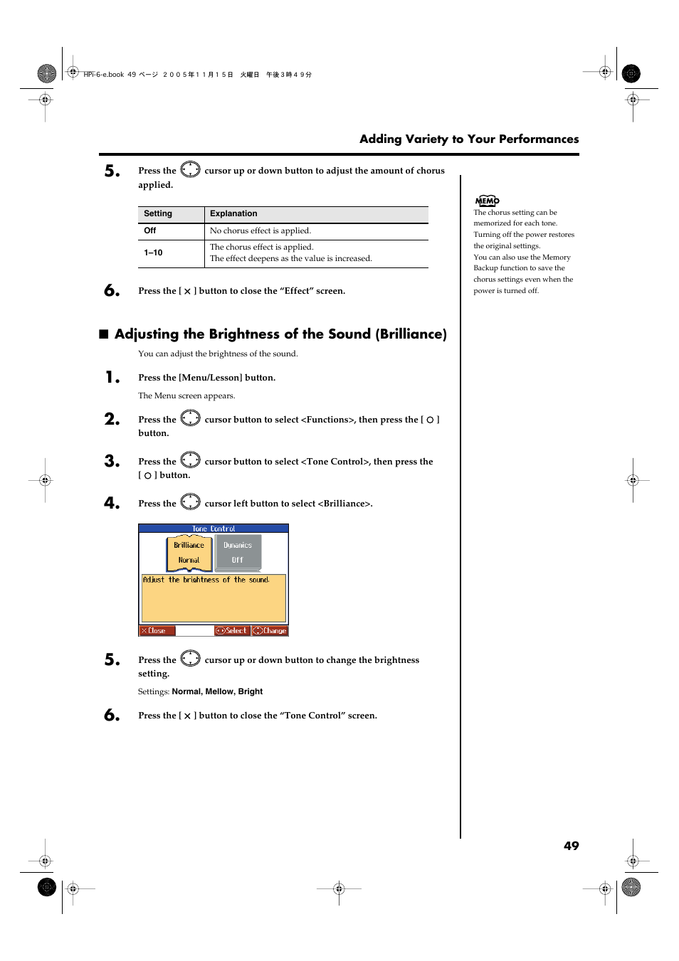 Adjusting the brightness of the sound (brilliance) | Roland HPi-6 User Manual | Page 49 / 124