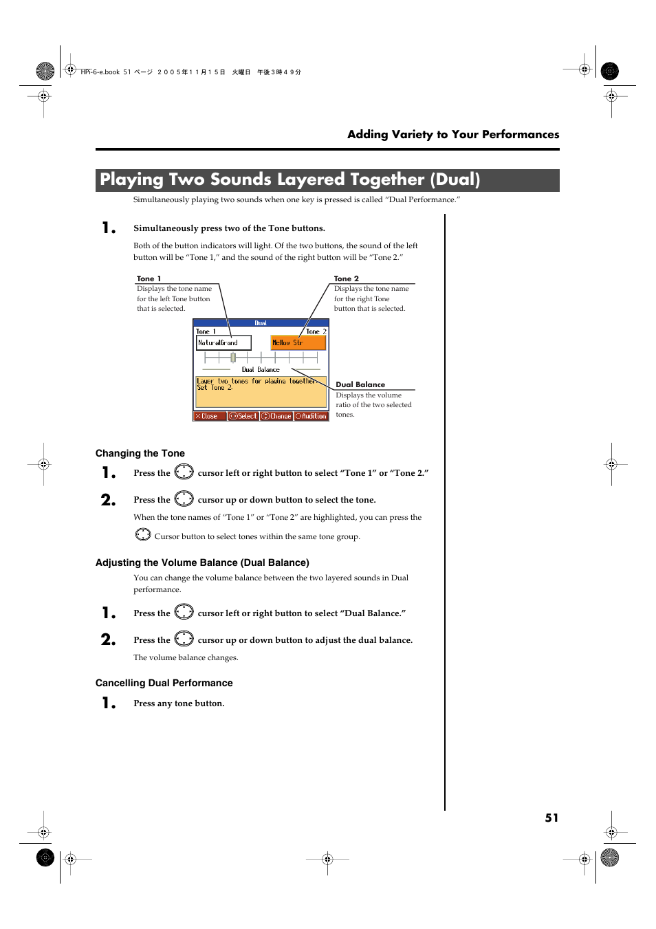 Playing two sounds layered together (dual) | Roland HPi-6 User Manual | Page 51 / 124