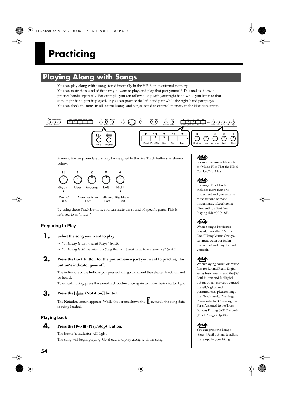 Practicing, Playing along with songs, Playing along with songs” (p. 54) | Roland HPi-6 User Manual | Page 54 / 124