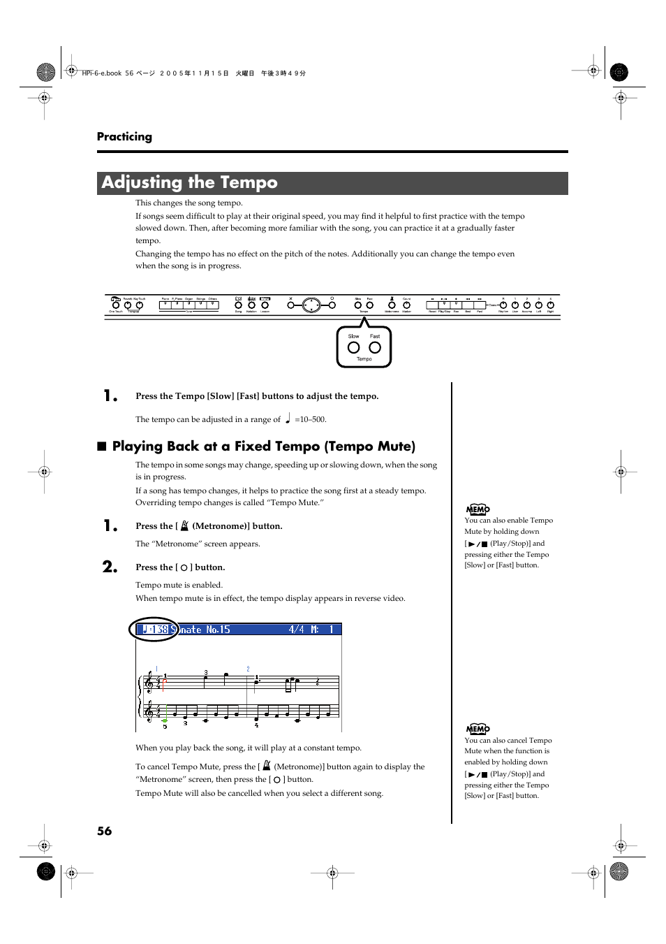 Adjusting the tempo, Playing back at a fixed tempo (tempo mute), Adjust the tempo (p. 56) | Adjusting the tempo” (p. 56) | Roland HPi-6 User Manual | Page 56 / 124