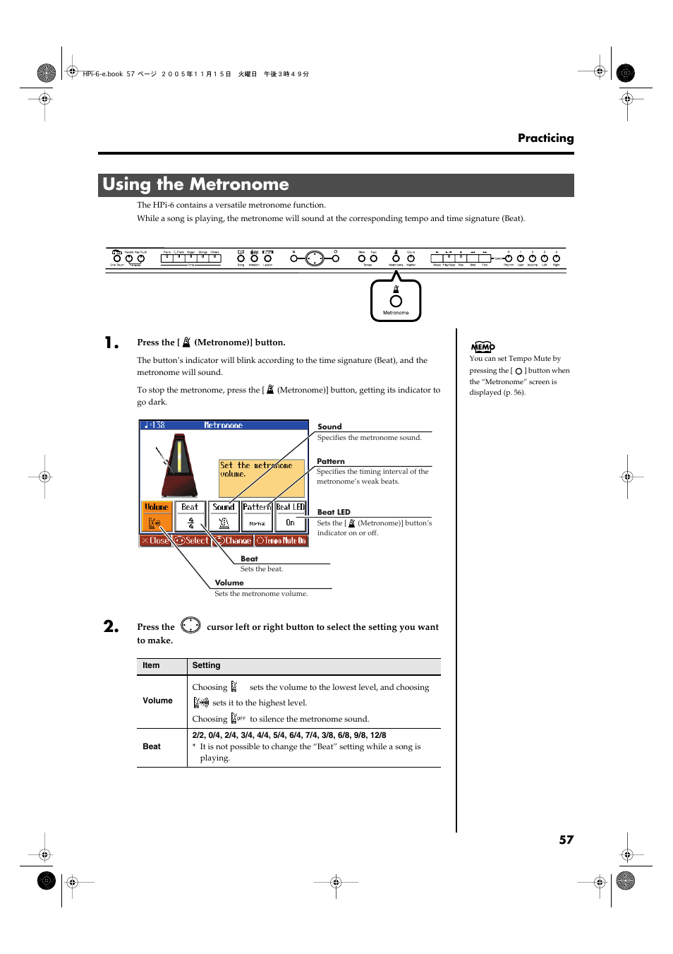 Using the metronome, Sounds the internal metronome (p. 57) | Roland HPi-6 User Manual | Page 57 / 124