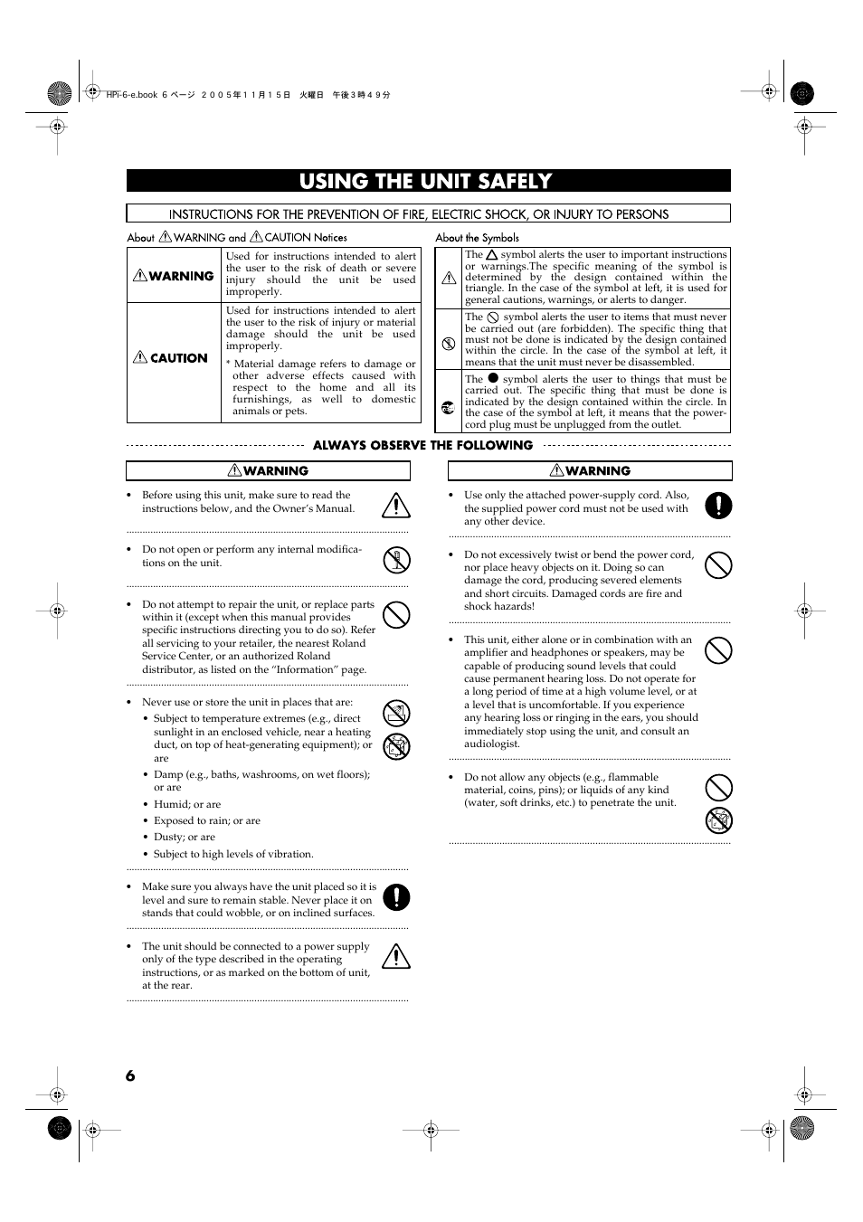 Using the unit safely | Roland HPi-6 User Manual | Page 6 / 124