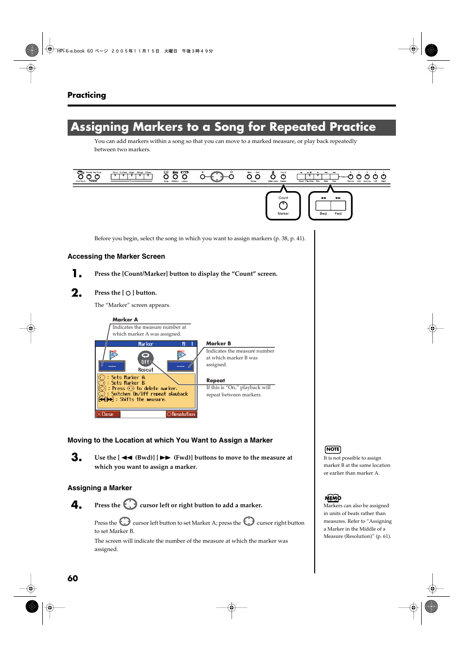 Assigning markers to a song for repeated practice, Easily (p. 60) | Roland HPi-6 User Manual | Page 60 / 124