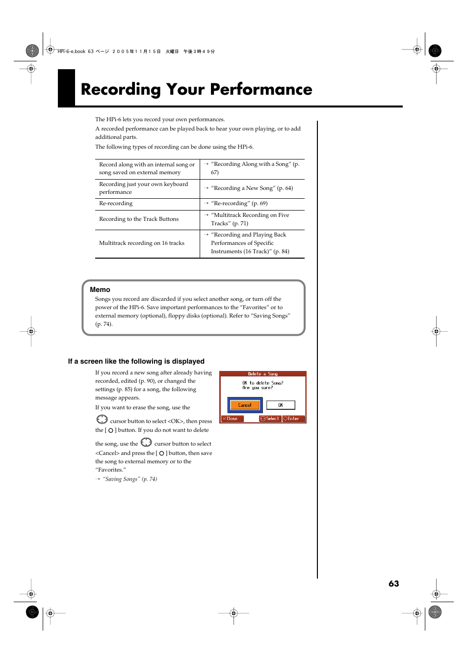 Recording your performance, Recording standby (p. 63–p. 71) | Roland HPi-6 User Manual | Page 63 / 124