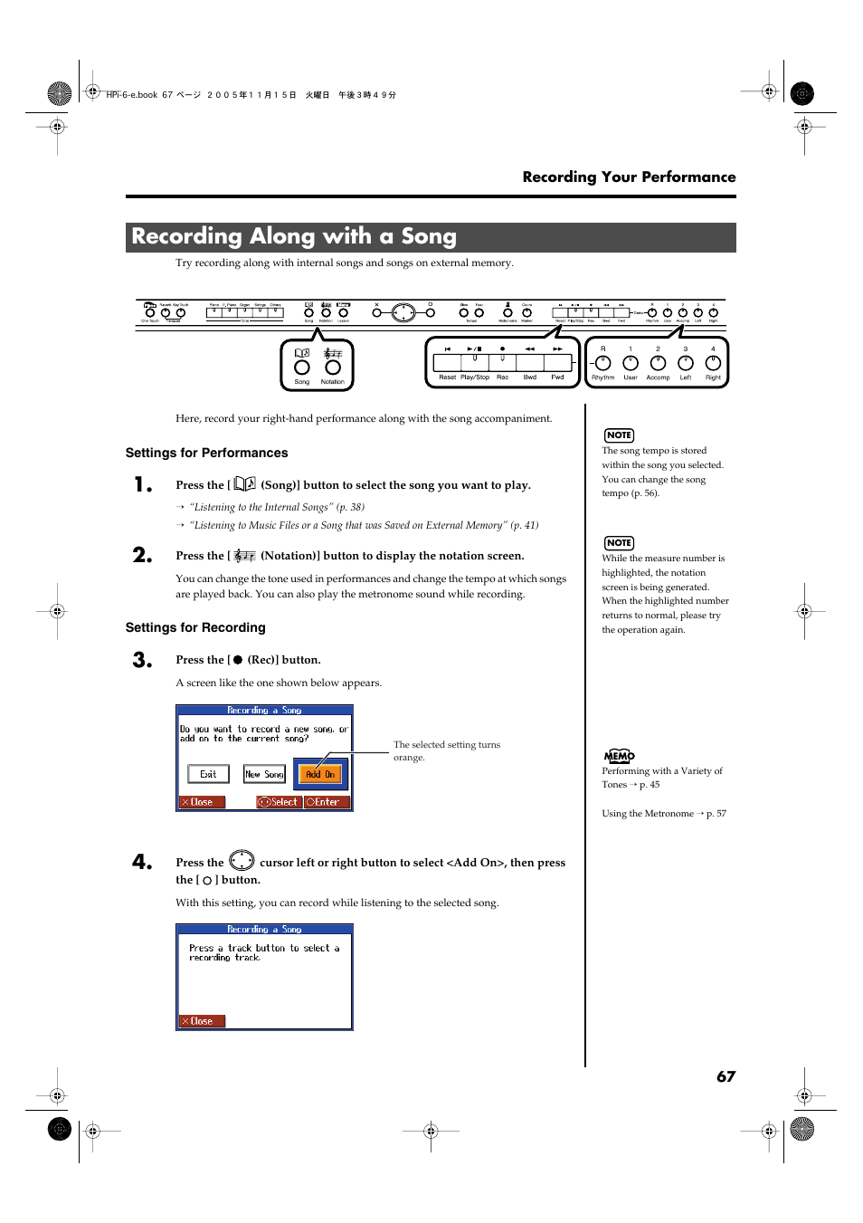 Recording along with a song, P. 67, p. 69, p. 70, p. 71), Recording along with a song” (p. 67) | Roland HPi-6 User Manual | Page 67 / 124