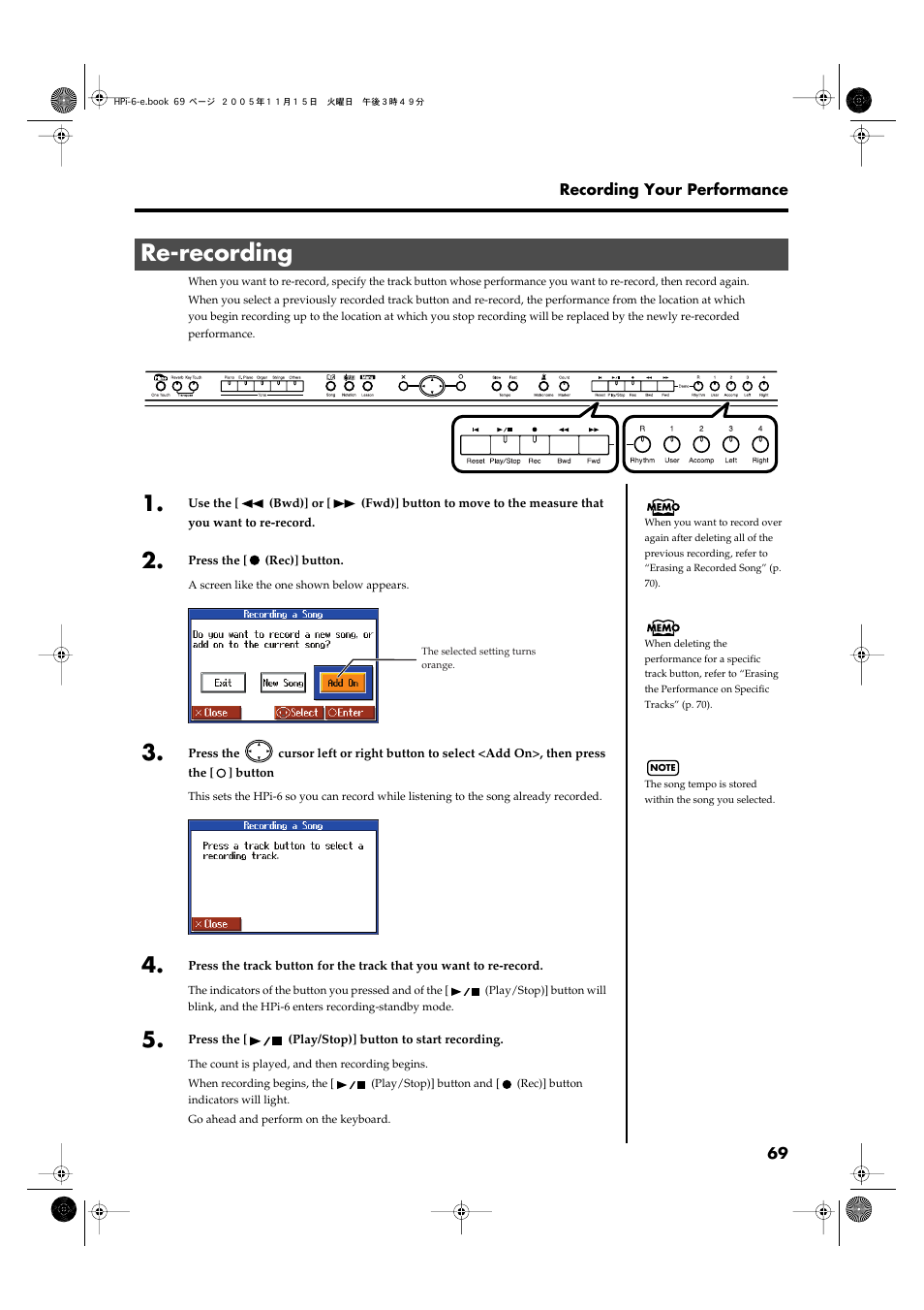 Re-recording, Re-recording” (p. 69) | Roland HPi-6 User Manual | Page 69 / 124