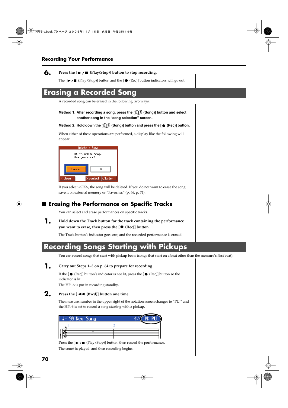 Erasing a recorded song, Erasing the performance on specific tracks, Recording songs starting with pickups | Roland HPi-6 User Manual | Page 70 / 124