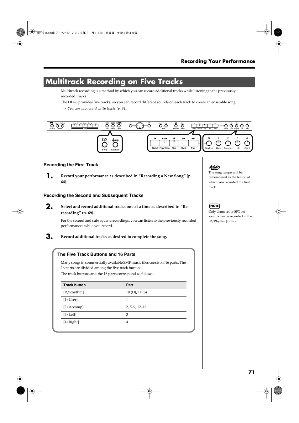 Multitrack recording on five tracks, Multitrack recording on five tracks” (p. 71) | Roland HPi-6 User Manual | Page 71 / 124