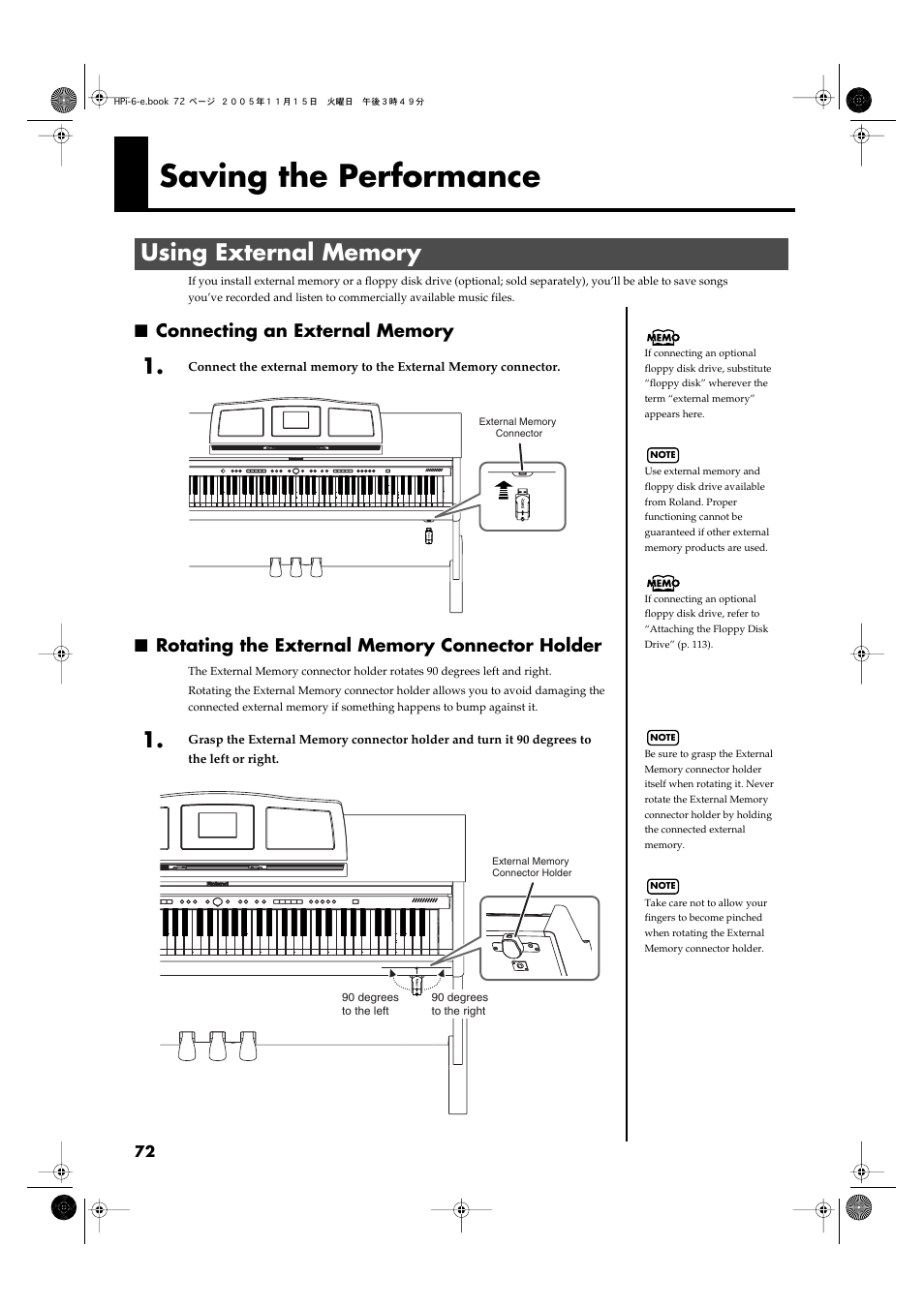 Saving the performance, Using external memory, Connecting an external memory | Rotating the external memory connector holder | Roland HPi-6 User Manual | Page 72 / 124