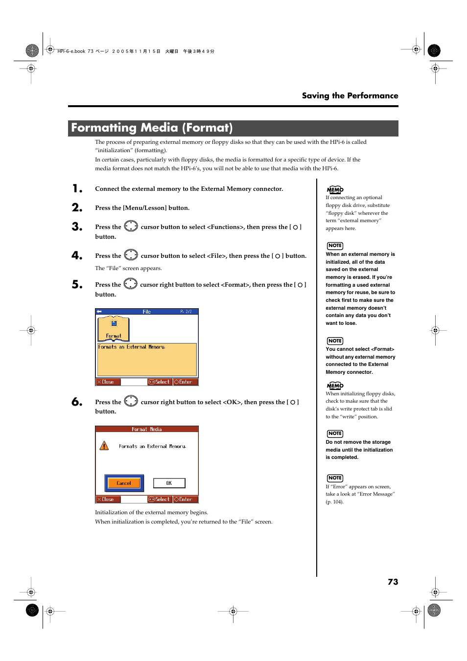 Formatting media (format) | Roland HPi-6 User Manual | Page 73 / 124