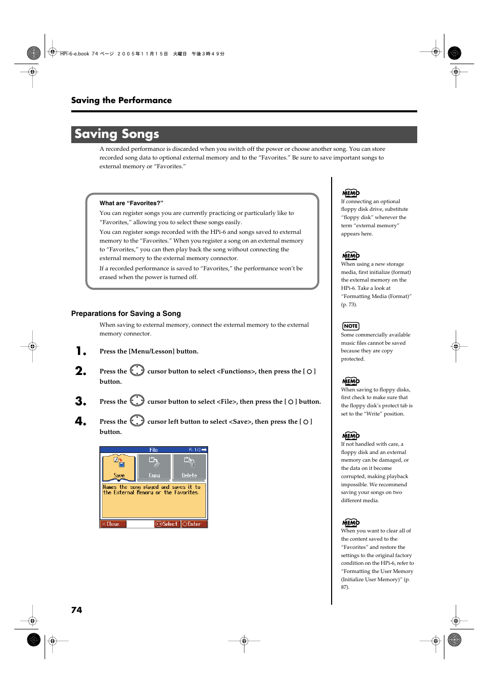 Saving songs, Save (p. 74) songs, Saving songs” (p. 74) | Favorites.” refer to“saving songs” (p. 74) | Roland HPi-6 User Manual | Page 74 / 124