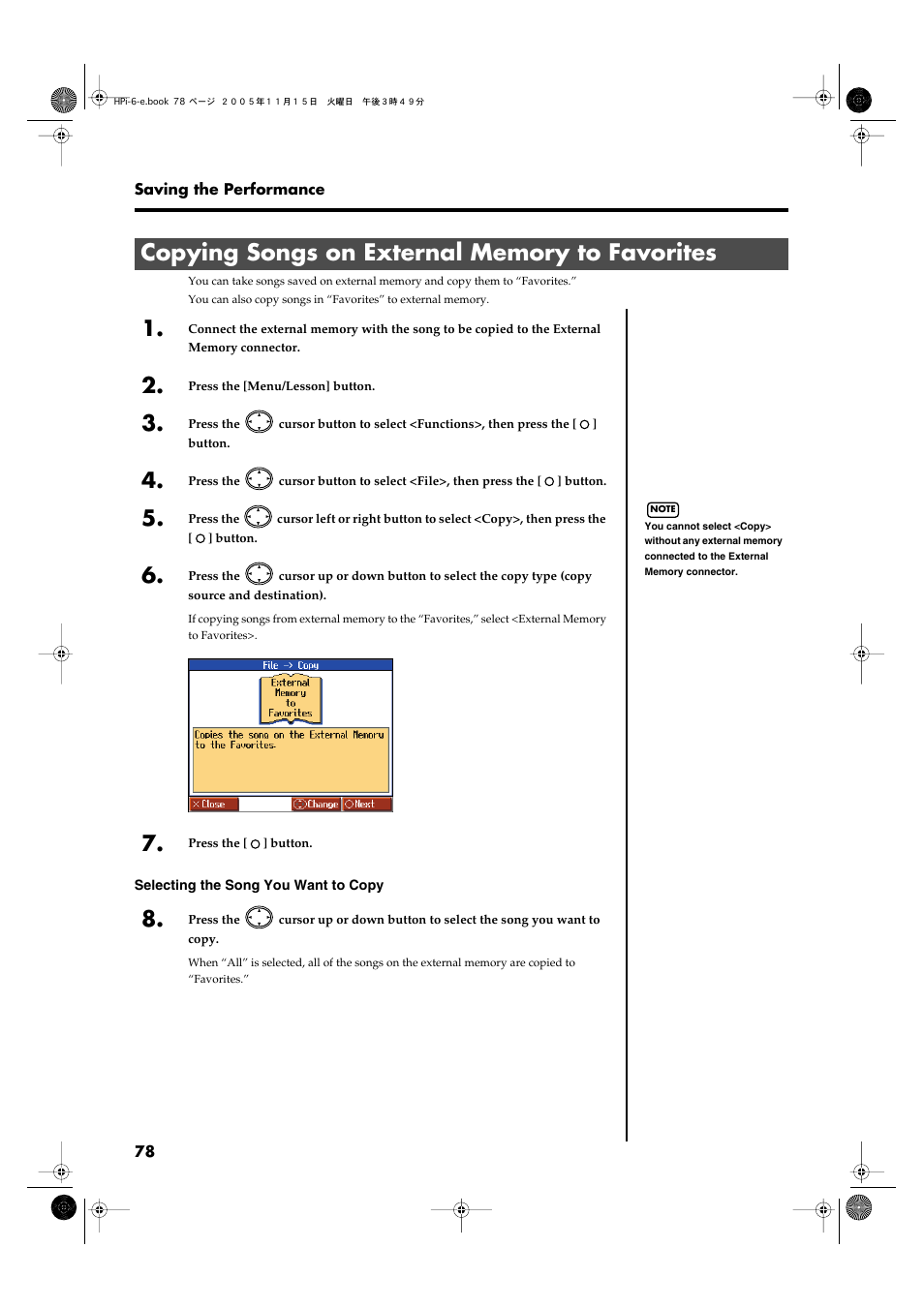 Copying songs on external memory to favorites | Roland HPi-6 User Manual | Page 78 / 124