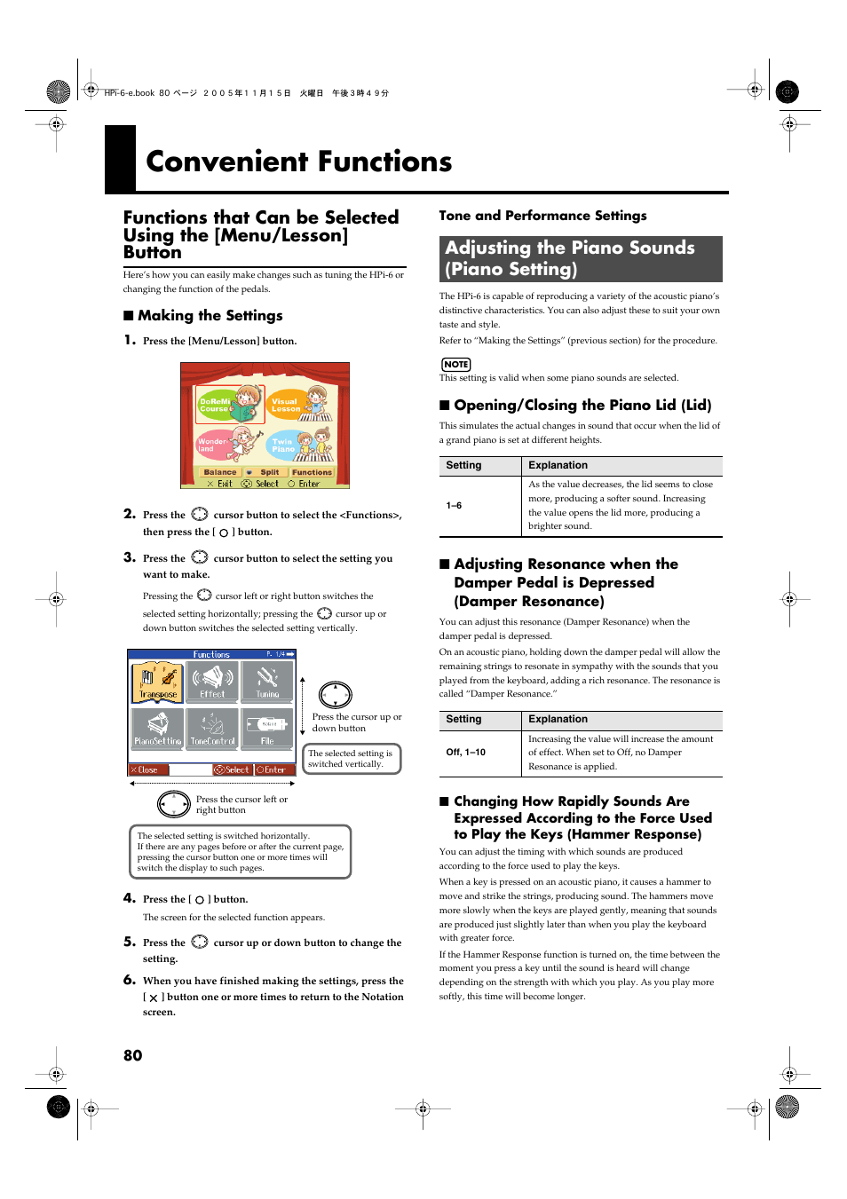 Convenient functions, Making the settings, Adjusting the piano sounds (piano setting) | Opening/closing the piano lid (lid) | Roland HPi-6 User Manual | Page 80 / 124