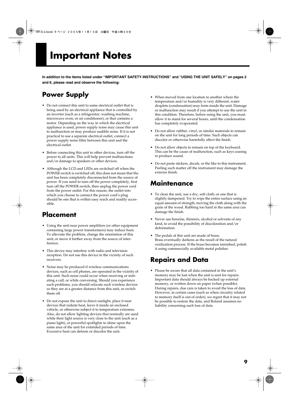 Important notes, Power supply, Placement | Maintenance, Repairs and data | Roland HPi-6 User Manual | Page 9 / 124