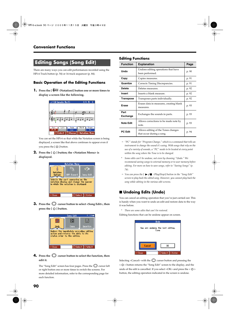 Editing songs (song edit), Undoing edits (undo), Having recorded, edited (p. 90), or changed the | Recorded, edited (p. 90), or changed the, 90 convenient functions | Roland HPi-6 User Manual | Page 90 / 124