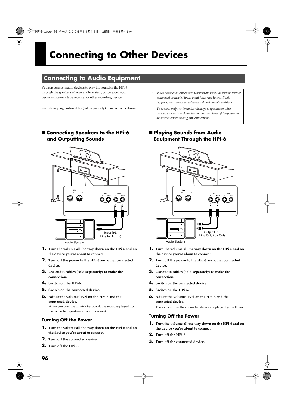 Connecting to other devices, Connecting to audio equipment, P. 96) | Your performance on a cassette tape (p. 96) | Roland HPi-6 User Manual | Page 96 / 124