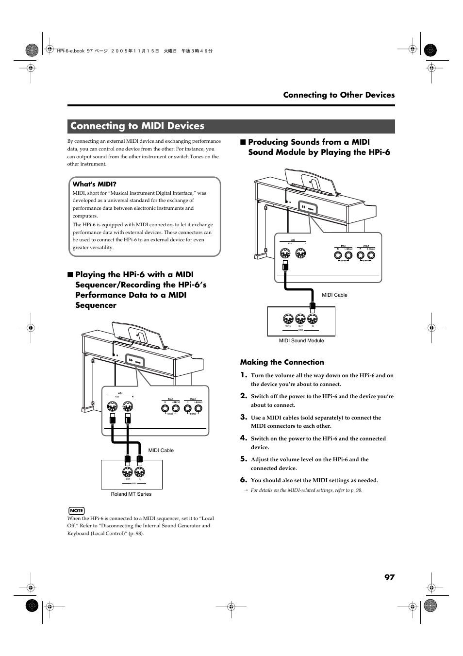 Connecting to midi devices, Receive performance data (p. 97), 97 connecting to other devices | Roland HPi-6 User Manual | Page 97 / 124