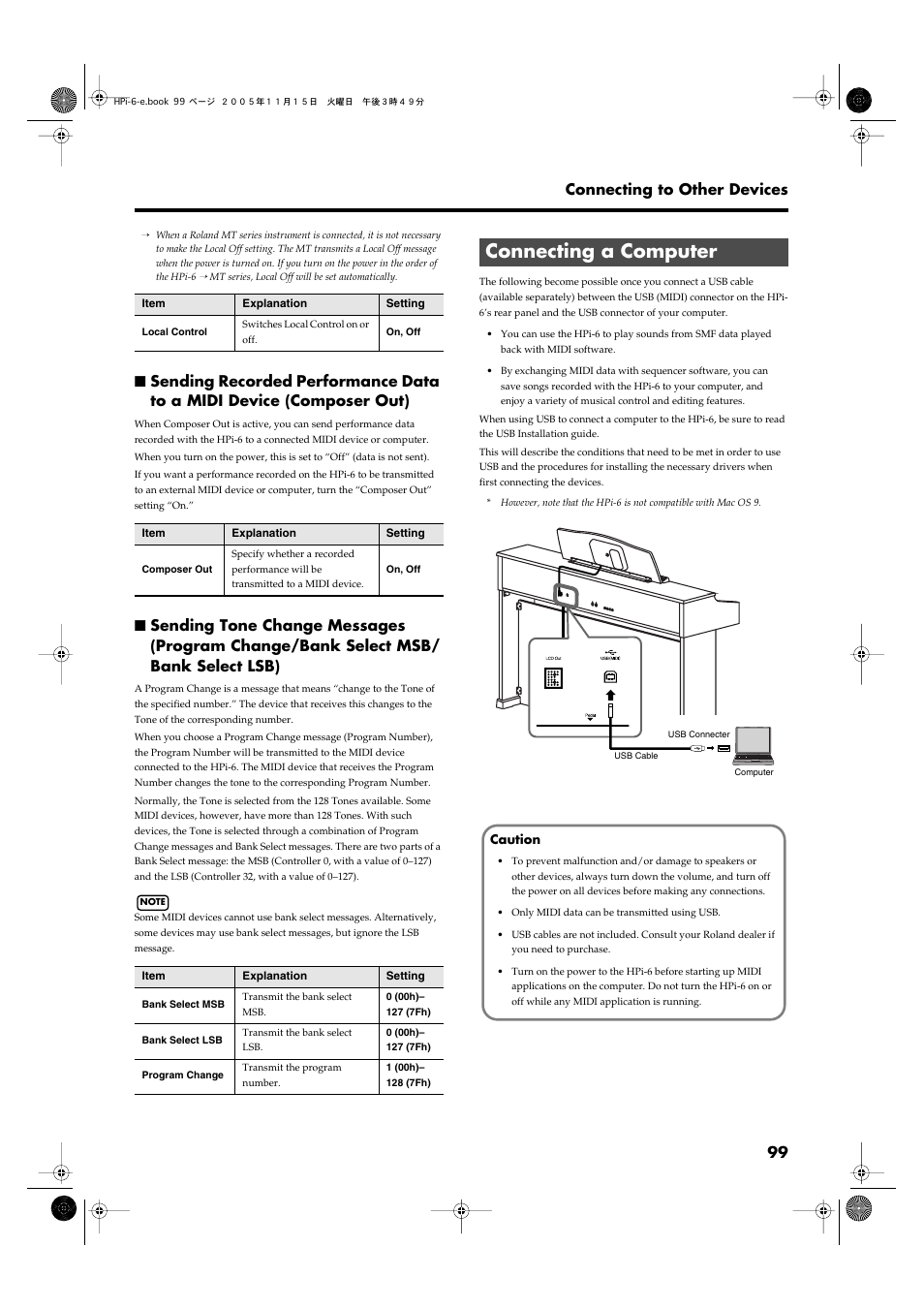 Connecting a computer, Usb cable (p. 99), P. 99) | 99 connecting to other devices | Roland HPi-6 User Manual | Page 99 / 124