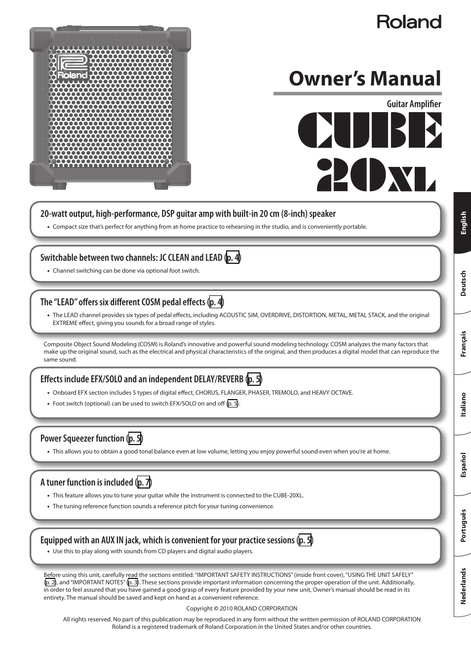 Owner’s manual, Power squeezer func tion (p. 5), A tuner func tion is included (p. 7) | Guitar amplifier | Roland CUBE 20XL User Manual | Page 3 / 16