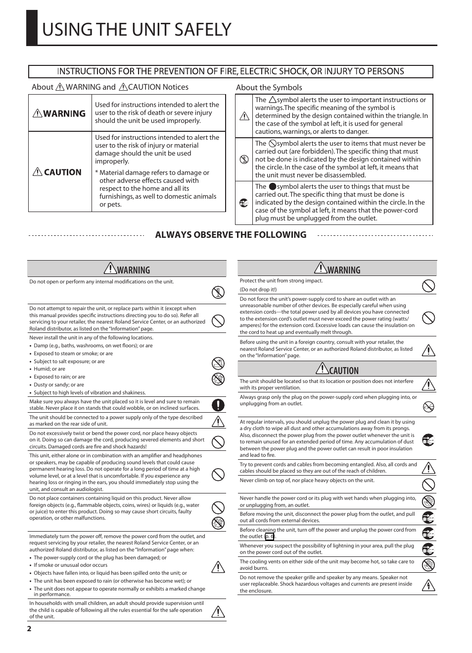 P. 2), and, Using the unit safely, Warning | Caution, Always observe the following | Roland CUBE 20XL User Manual | Page 4 / 16