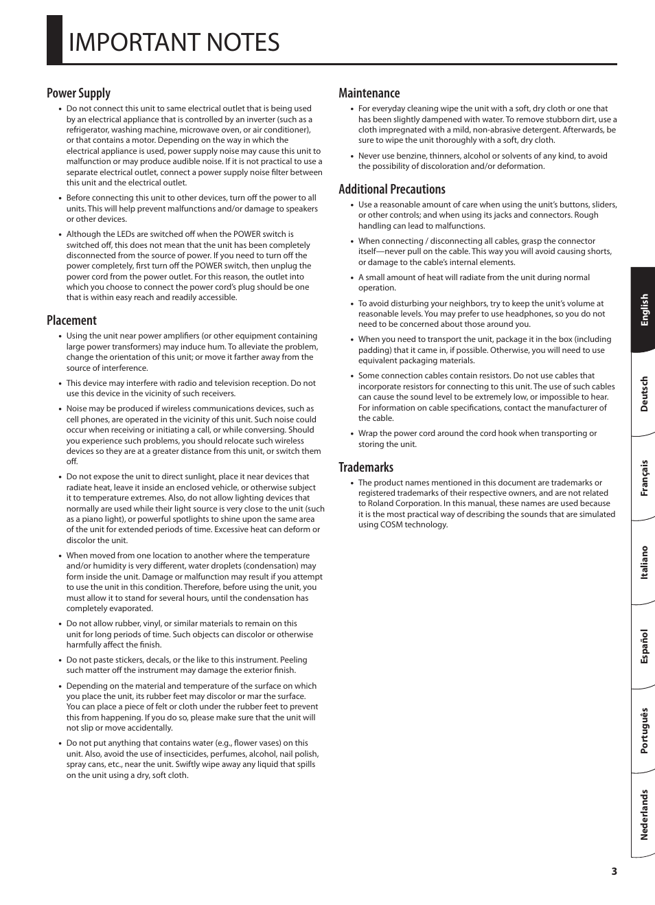 P. 3), Power supply, Placement | Maintenance, Additional precautions, Trademarks | Roland CUBE 20XL User Manual | Page 5 / 16