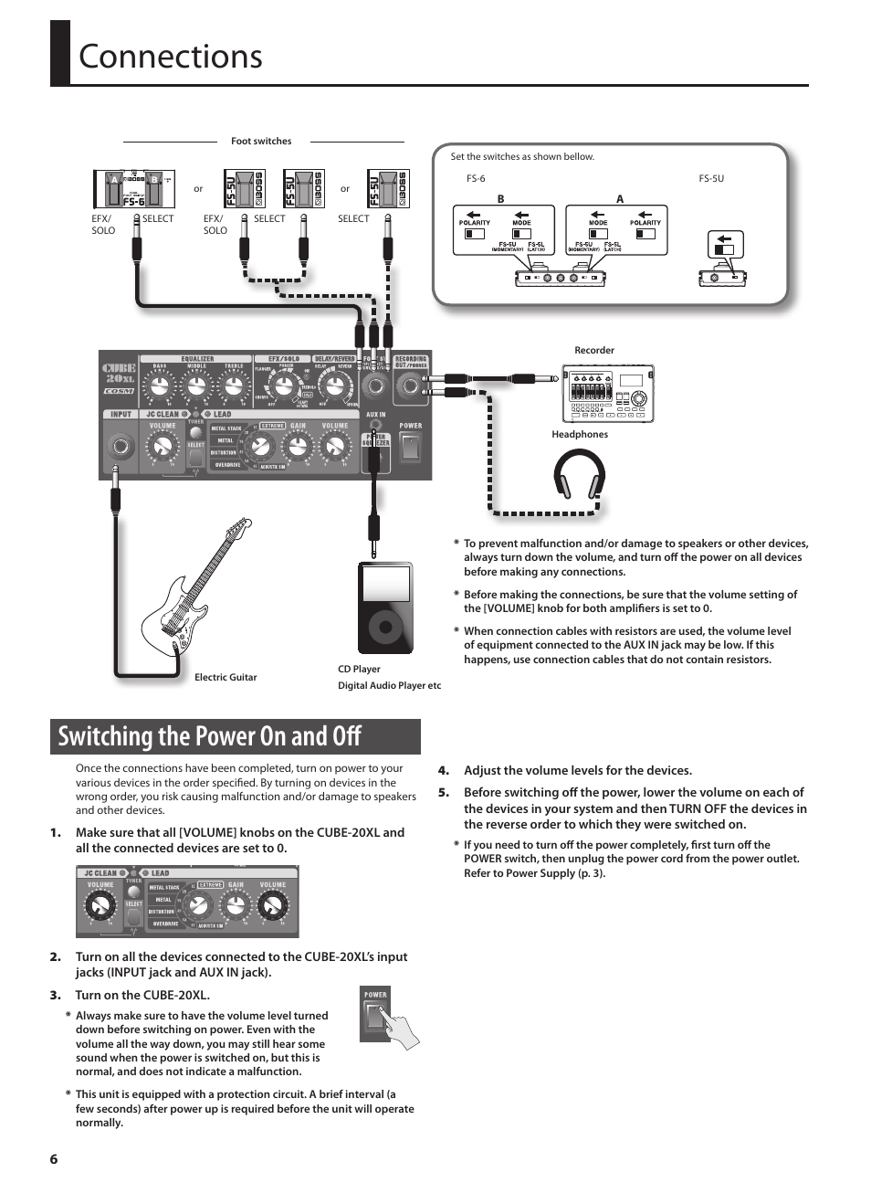 Connections, Switching the power on and off | Roland CUBE 20XL User Manual | Page 8 / 16