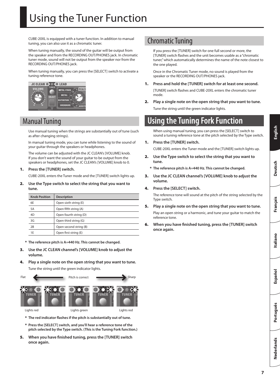 Tion is included (p. 7), Using the tuner function, Using the tuning fork function | Manual tuning, Chromatic tuning | Roland CUBE 20XL User Manual | Page 9 / 16