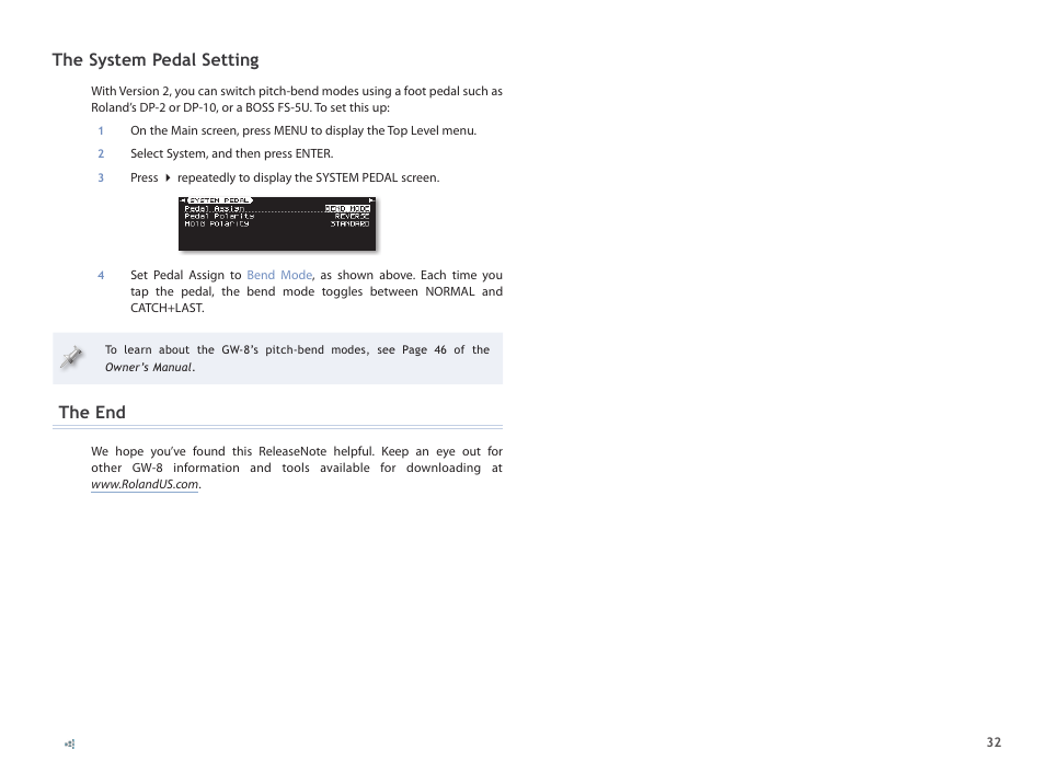 The system pedal setting, The end | Roland GW-8 ReleaseNote 2 User Manual | Page 32 / 32