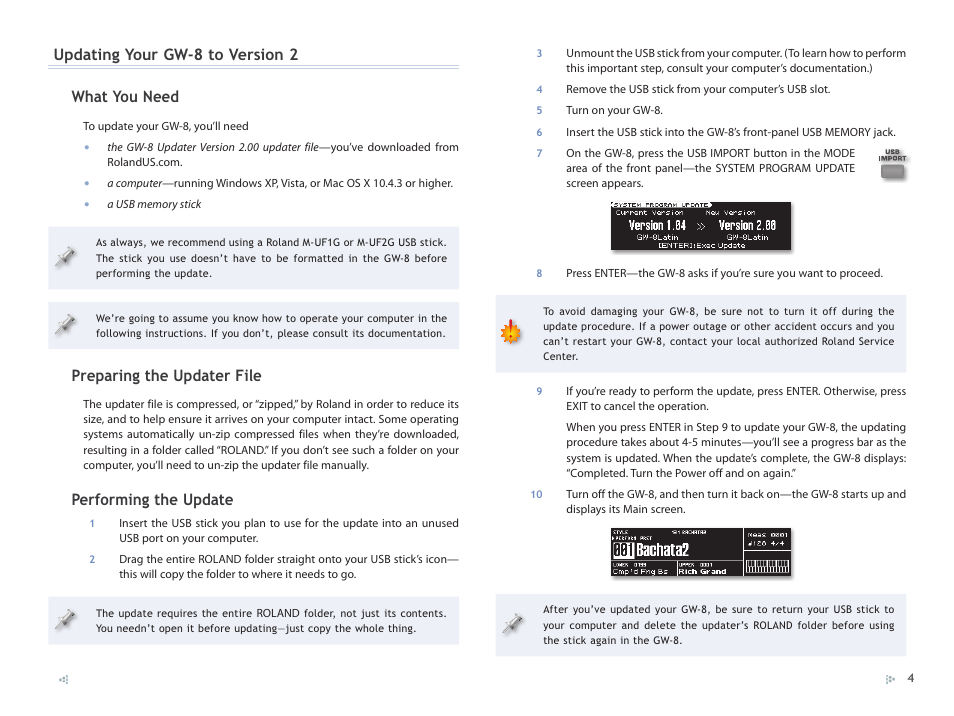 Updating your gw-8 to version 2 what you need, Preparing the updater file, Performing the update | Roland GW-8 ReleaseNote 2 User Manual | Page 4 / 32