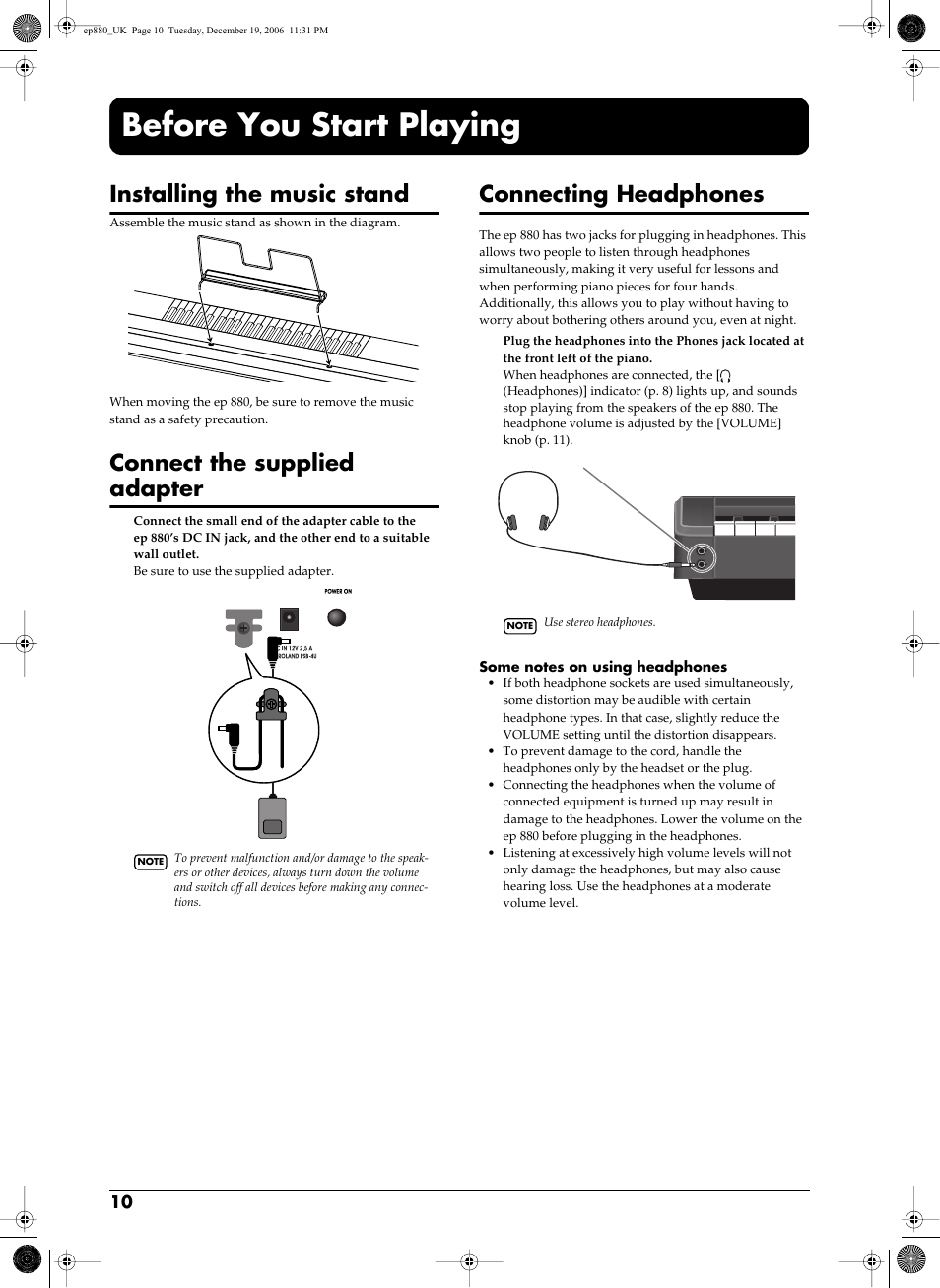 Before you start playing, Connected (p. 10), Installing the music stand | Connect the supplied adapter, Connecting headphones | Roland EP-880 User Manual | Page 10 / 216