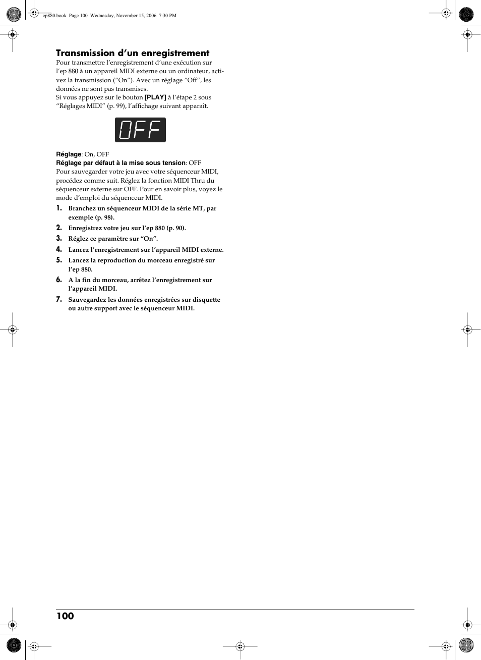 Transmission d’un enregistrement, P. 10 0, 100 transmission d’un enregistrement | Roland EP-880 User Manual | Page 100 / 216