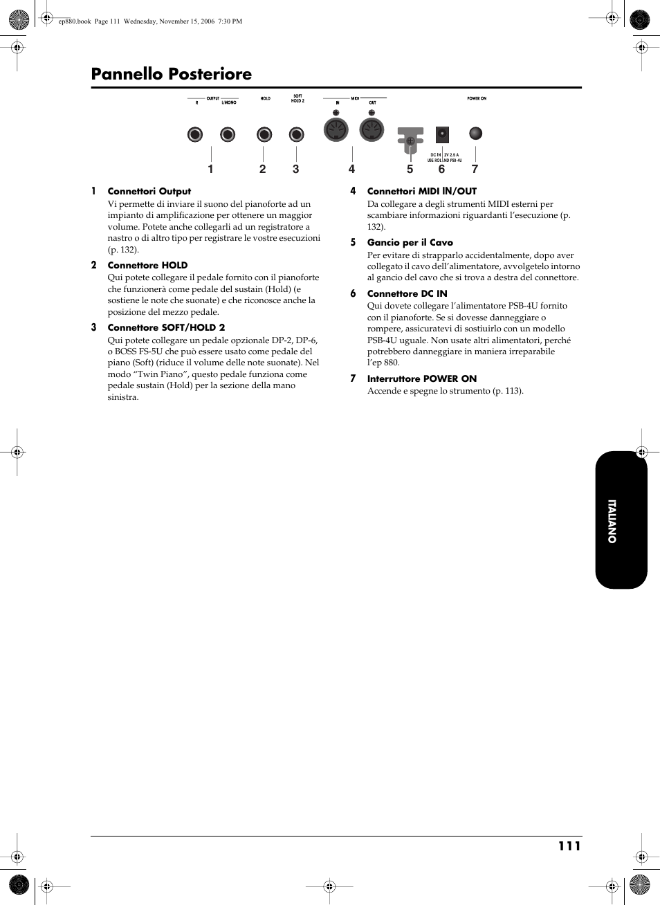 Pannello posteriore | Roland EP-880 User Manual | Page 111 / 216