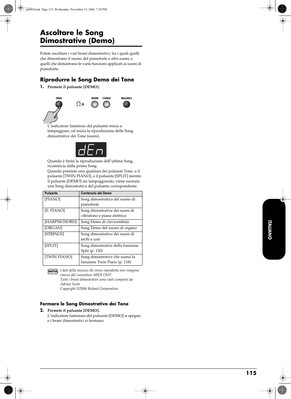 Ascoltare le song dimostrative (demo), Riprodurre le song demo dei tone | Roland EP-880 User Manual | Page 115 / 216